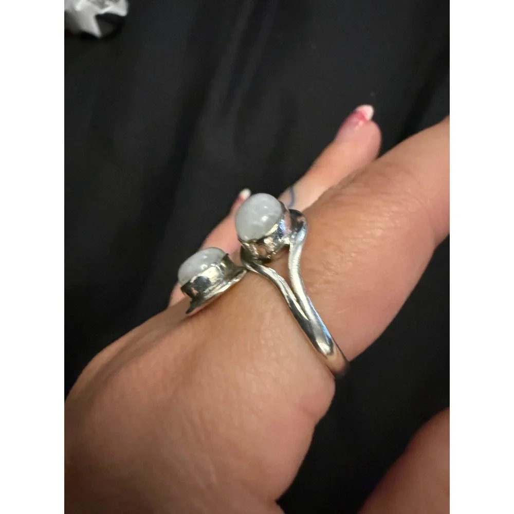 Sterling Silver 925 Double Moonstone Bypass Ring Size 8.5 Oval Cabochon Boho